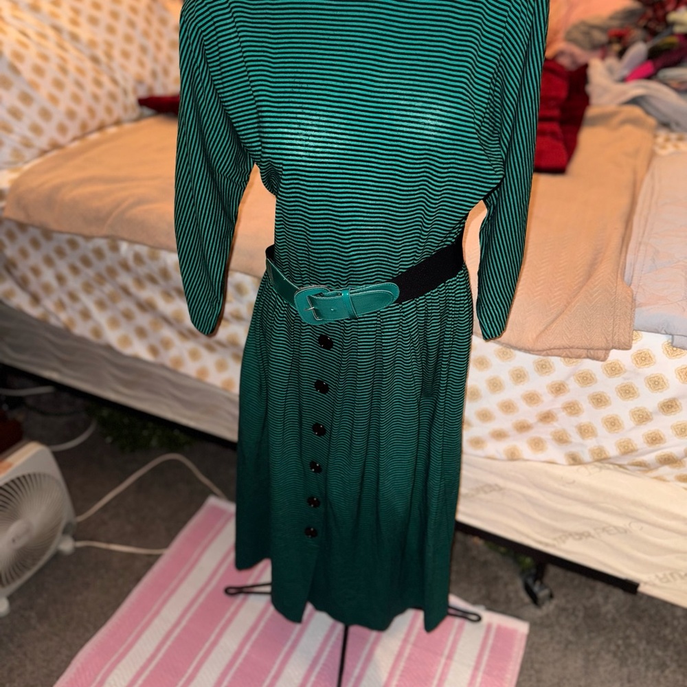 Trendy Vintage Green Striped Dress